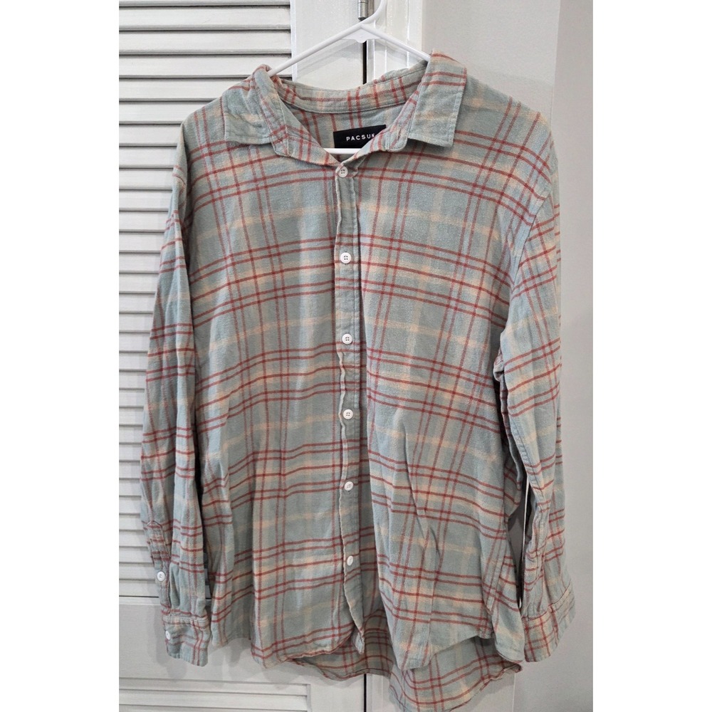 PacSun Mens Plaid Flannel Button Down Shirt Blue Orange Grunge Large